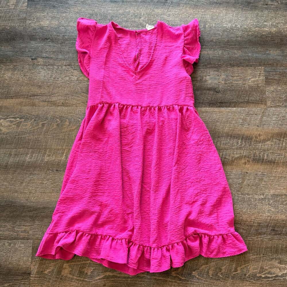 Fuchsia Pink Textured V-Neck Flutter Sleeve Dress with Ruffle Hem and Pockets